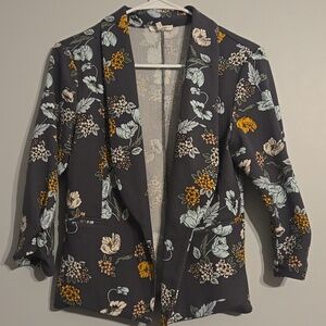 Maurices Floral Open-Front Grey Blazer with Mustard & Light Blue Flowers,medium